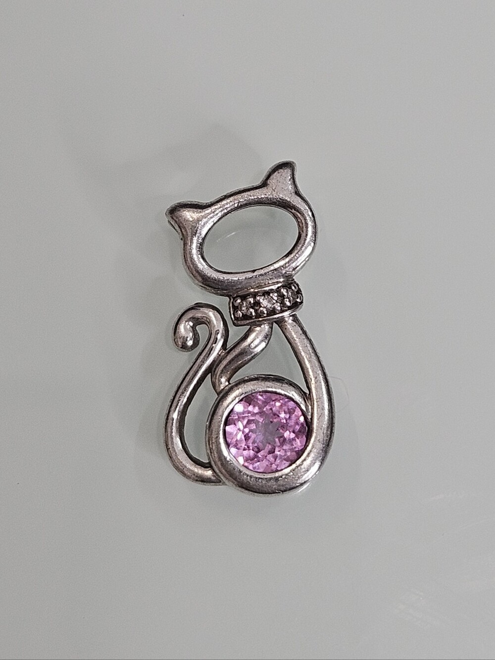 Sterling Silver Pink Sapphire Cat & Diamond Collar 925 RJ Pendant